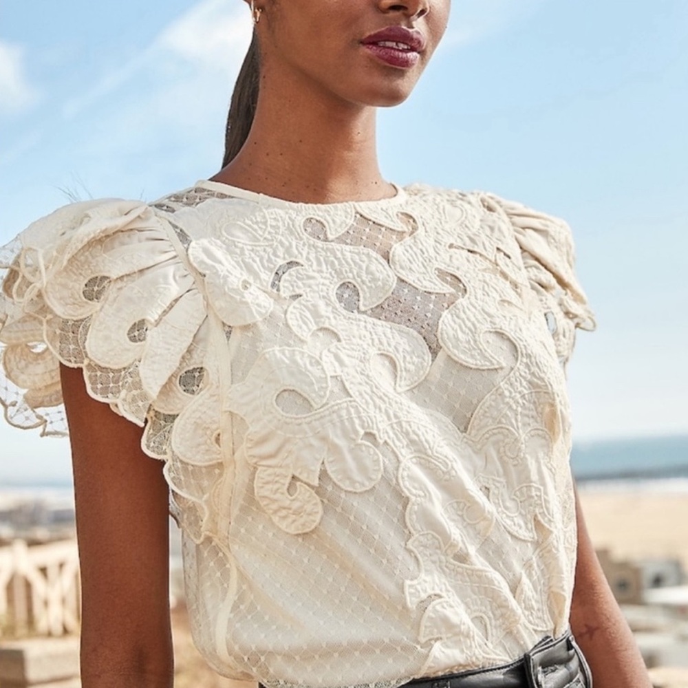 Express Cream Lace Flutter Sleeve Top